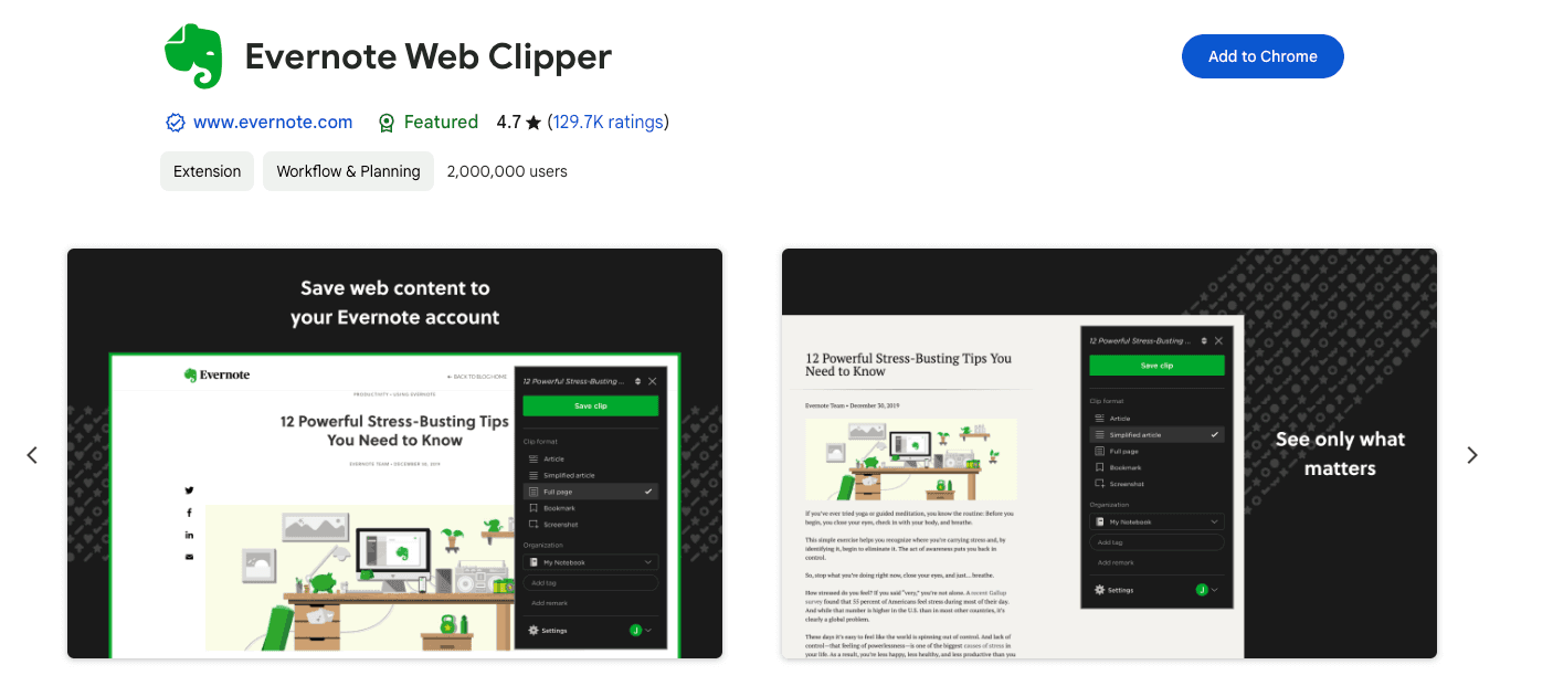 Screenshot of the Evernote Web Clipper Chrome Extension page