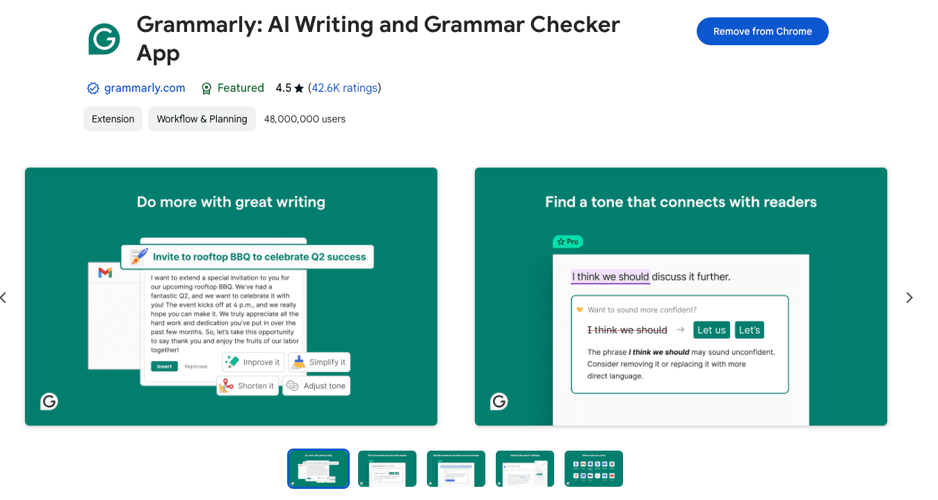 Screenshot of the Grammarly Chrome Extension page