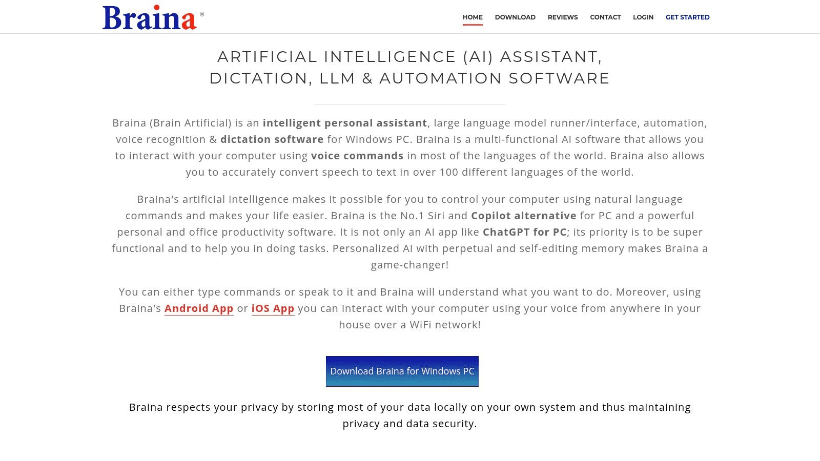 Screenshot of the homepage of Braina, an artificial intelligence assistant and dictation software. 