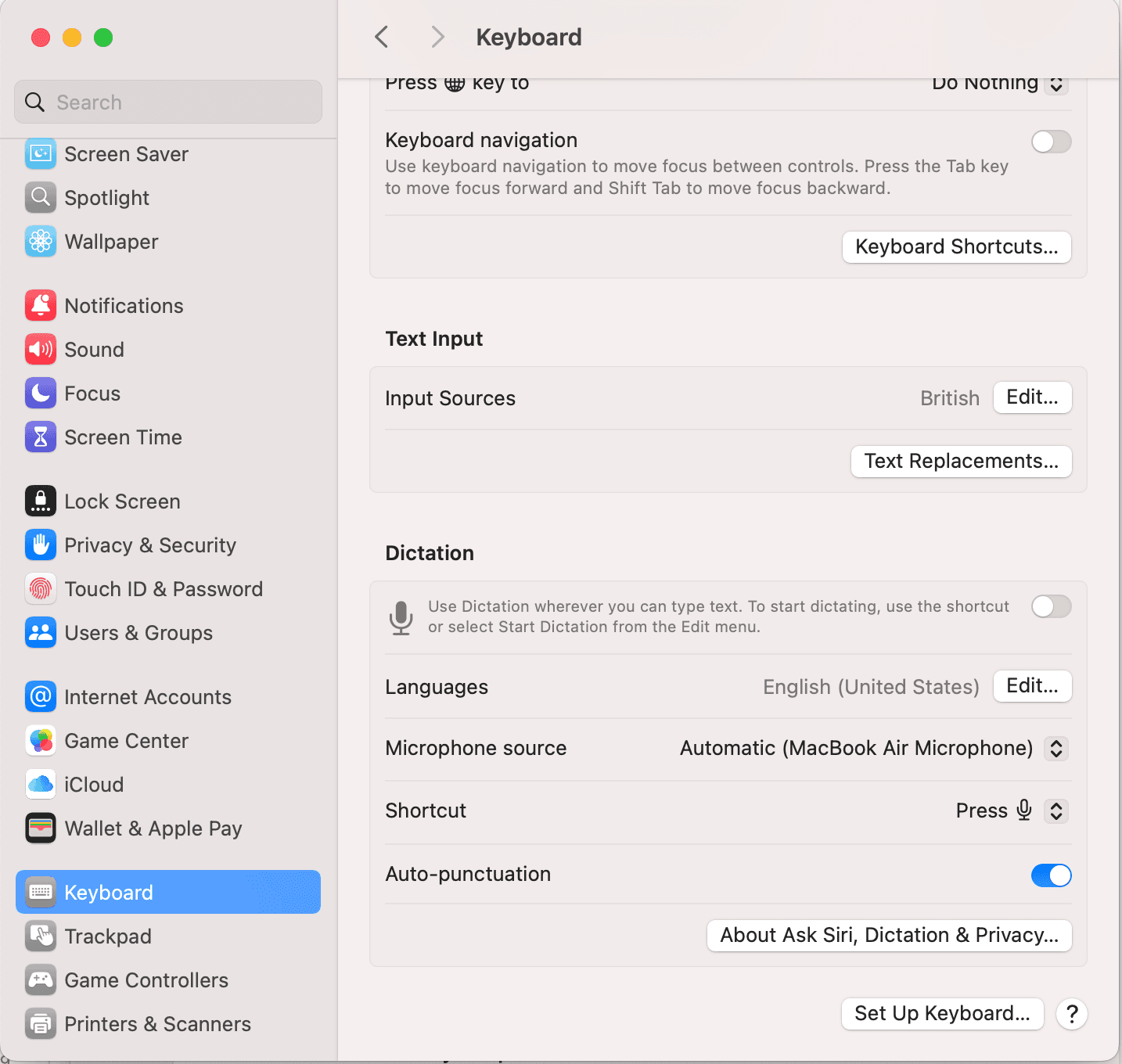 Screenshot of the Mac settings keyboard section to enable dictation
