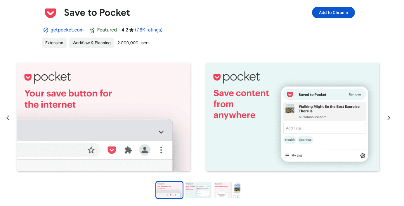 Screenshot of the Pocket Chrome Extension Page