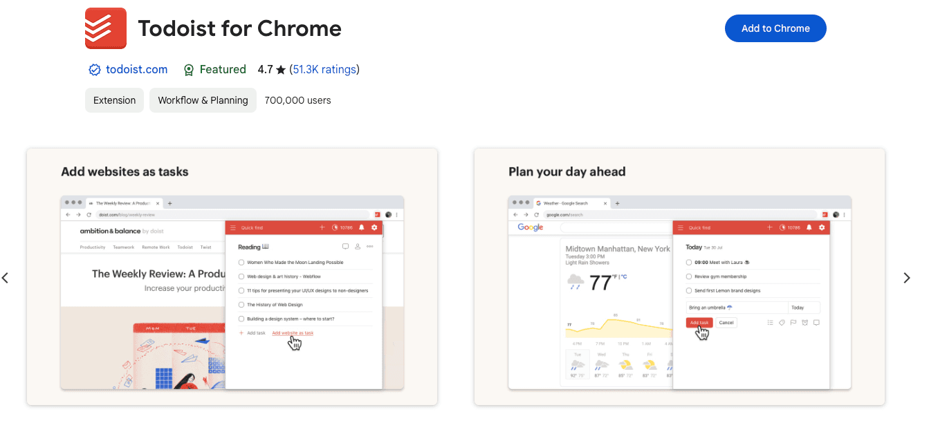 Screenshot of the Todoist Chrome extension page