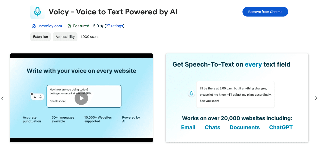 Screenshot of the Voicy Chrome Extension page