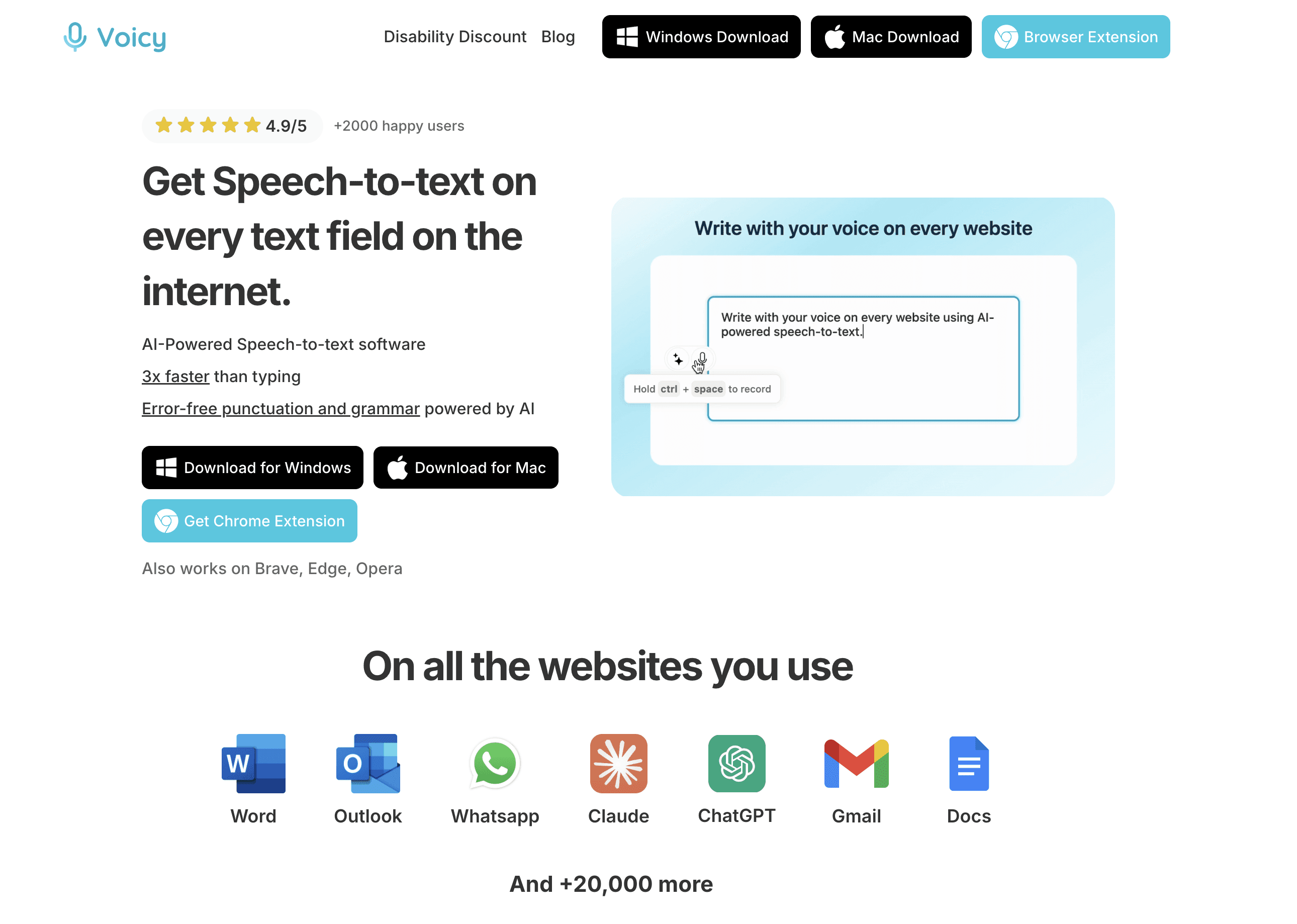 Screenshot of the Voicy Speech Text homepage. 