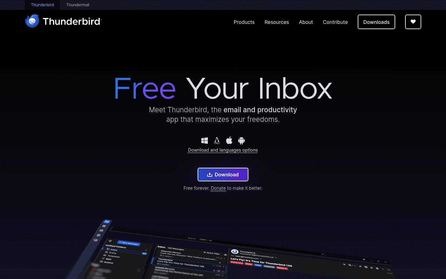 Thunderbird email app homepage screenshot