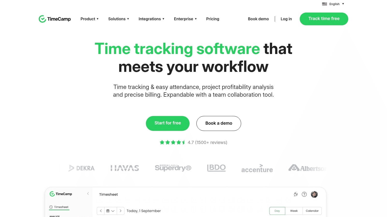 TimeCamp time tracking software homepage screenshot