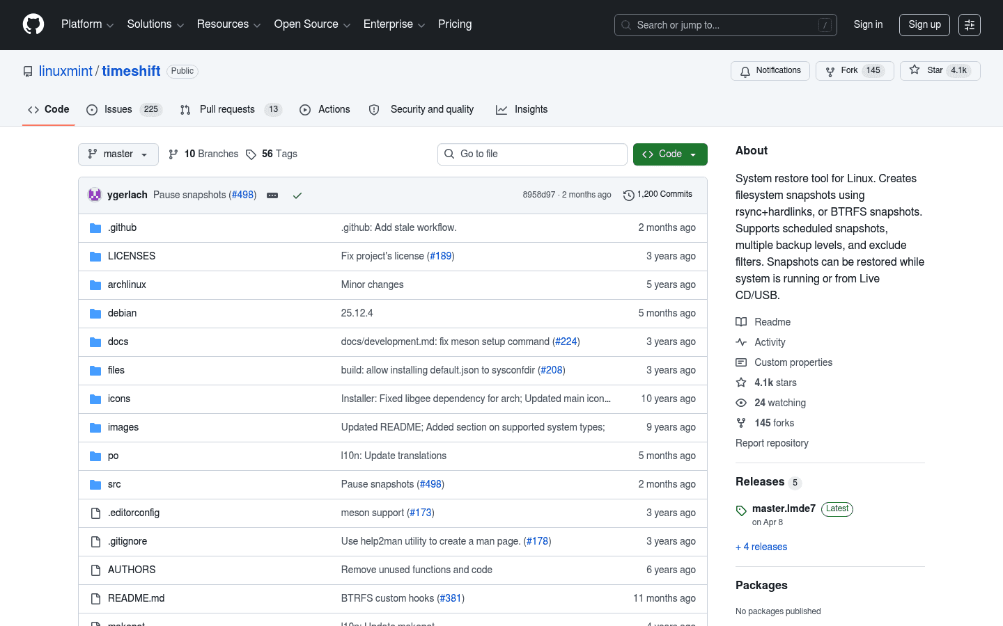 Timeshift GitHub repository screenshot