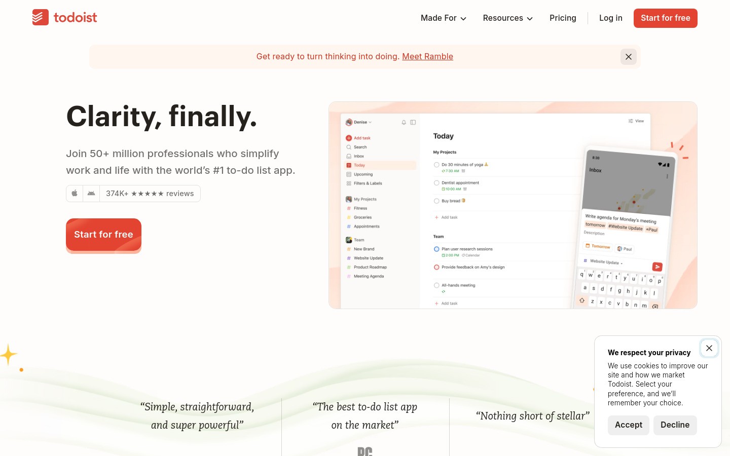 Todoist homepage hero section showing task management dashboard