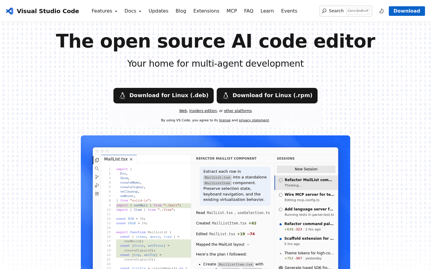 Visual Studio Code Linux code editor homepage screenshot