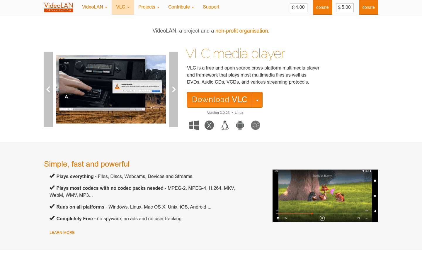 VLC media player homepage screenshot