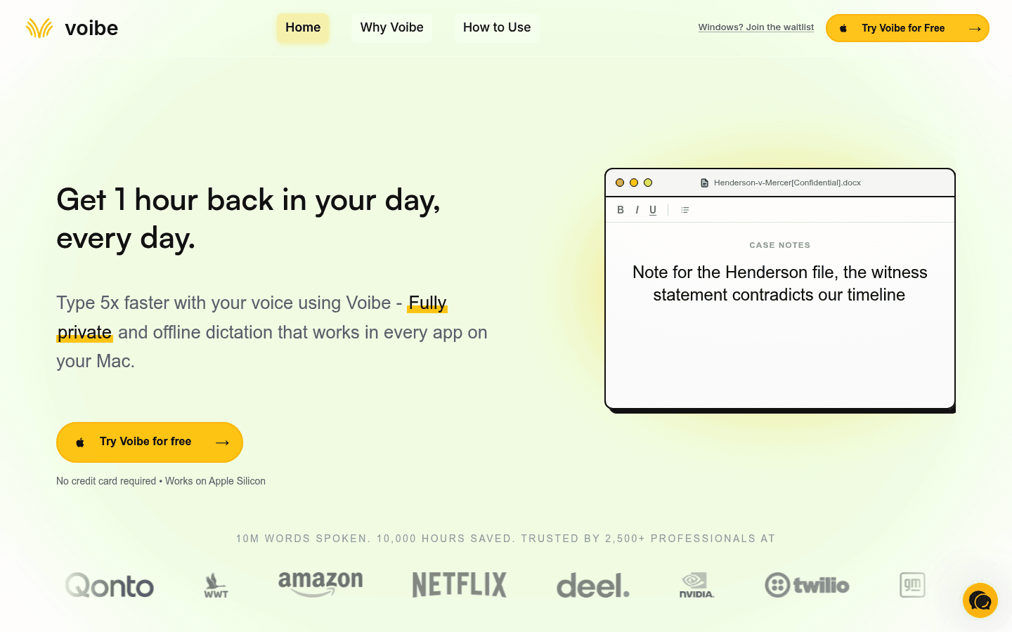 Voibe offline Mac dictation app homepage screenshot