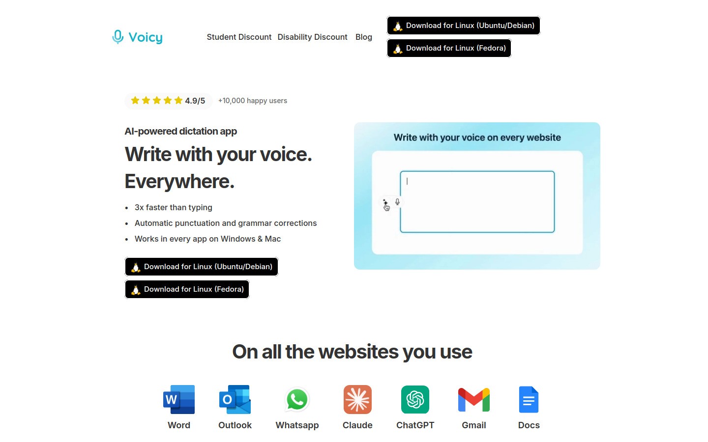 Voicy dictation app homepage for cross-app speech to text