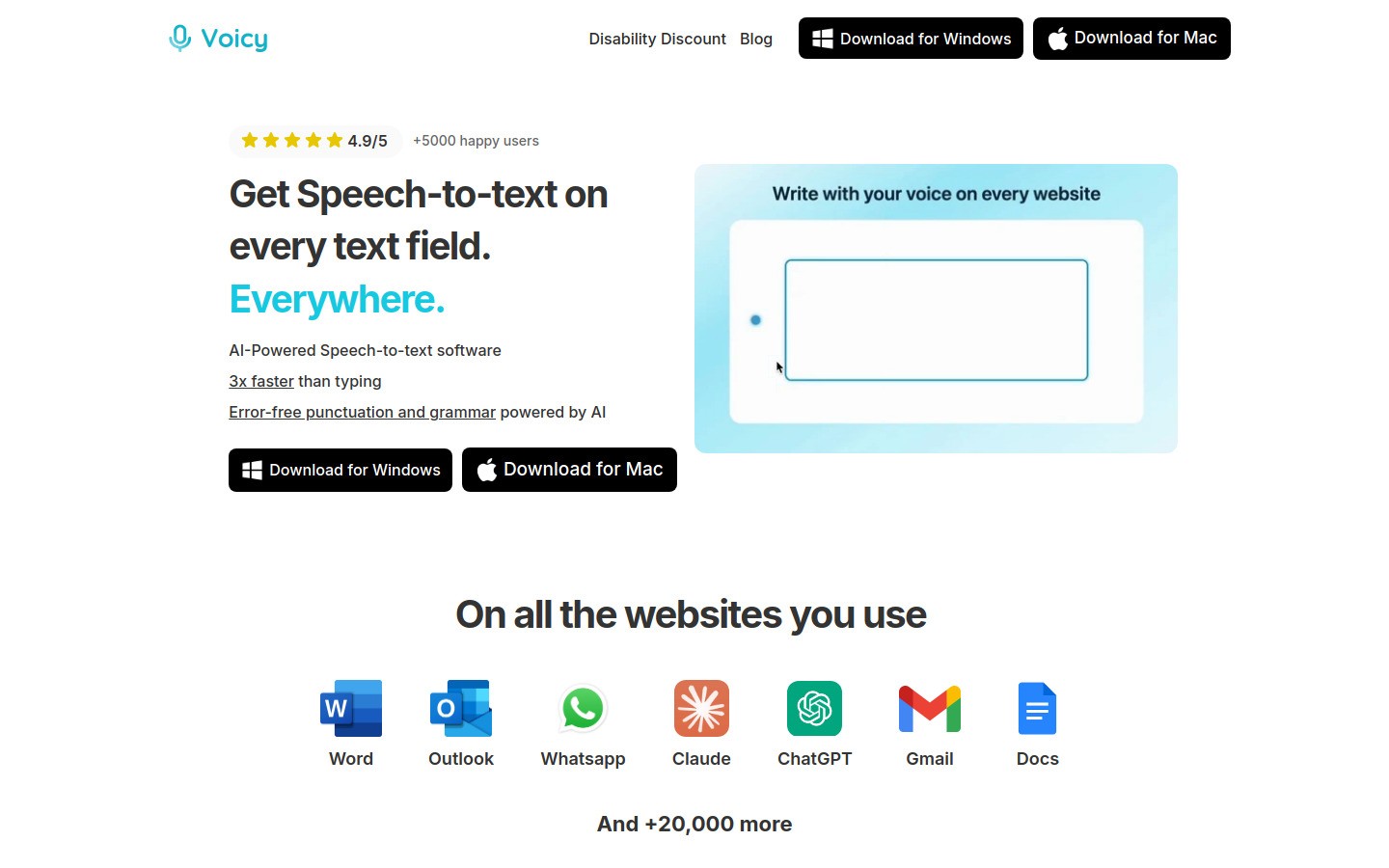 Voicy speech to text app homepage