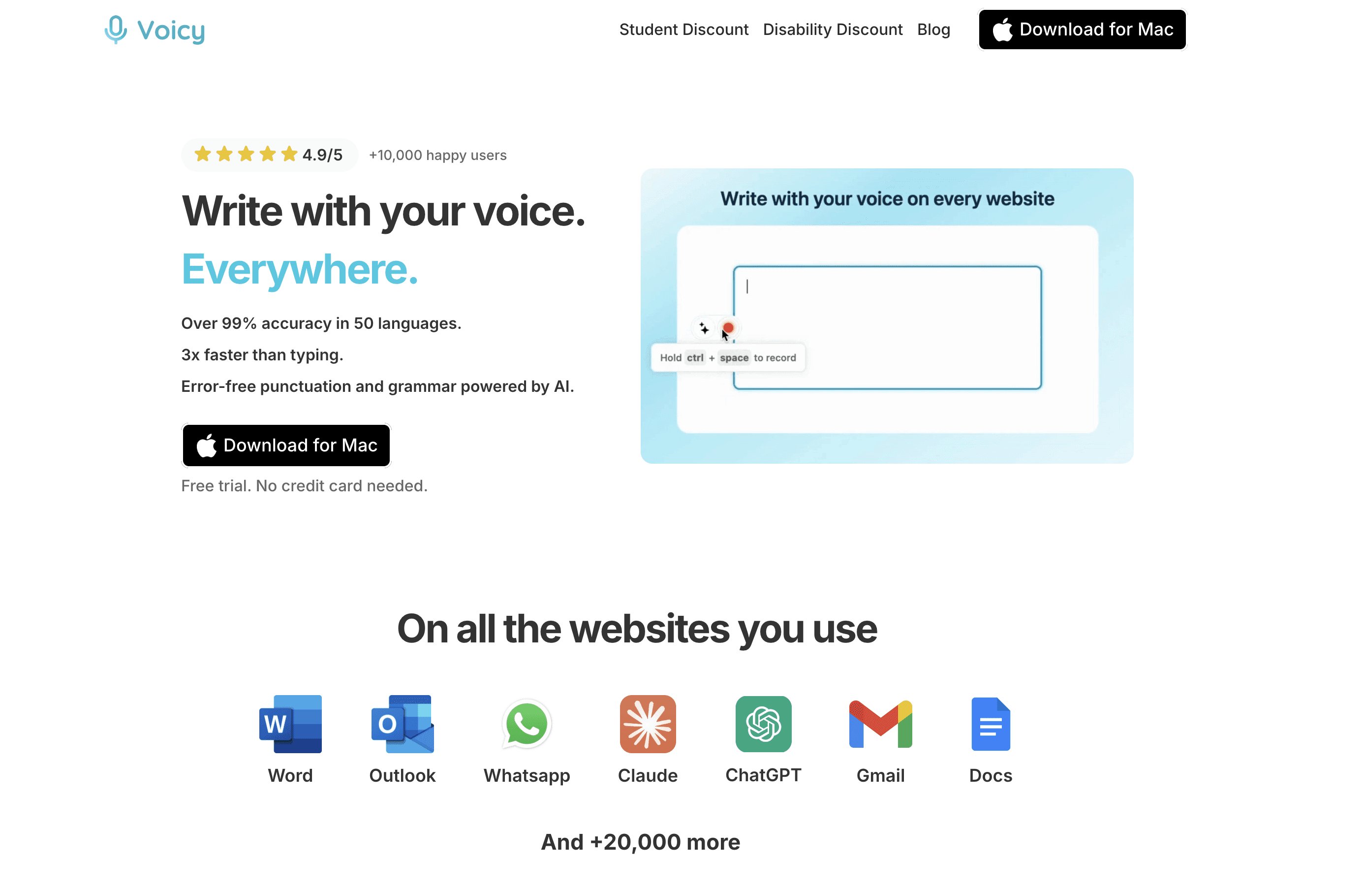 Voicy speech-to-text Chrome extension page screenshot