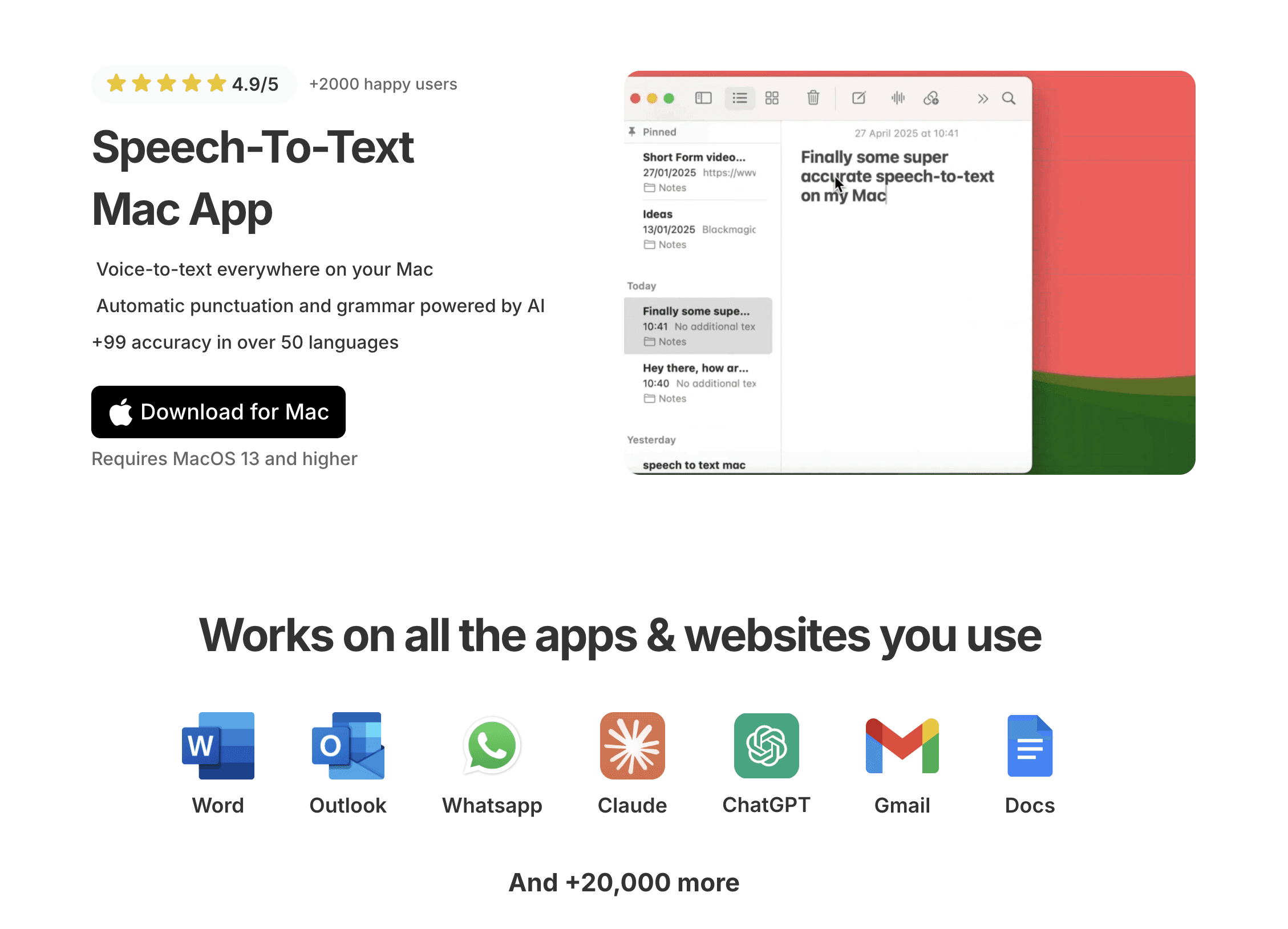 Screenshot of Voicy Speech to Text Mac App website