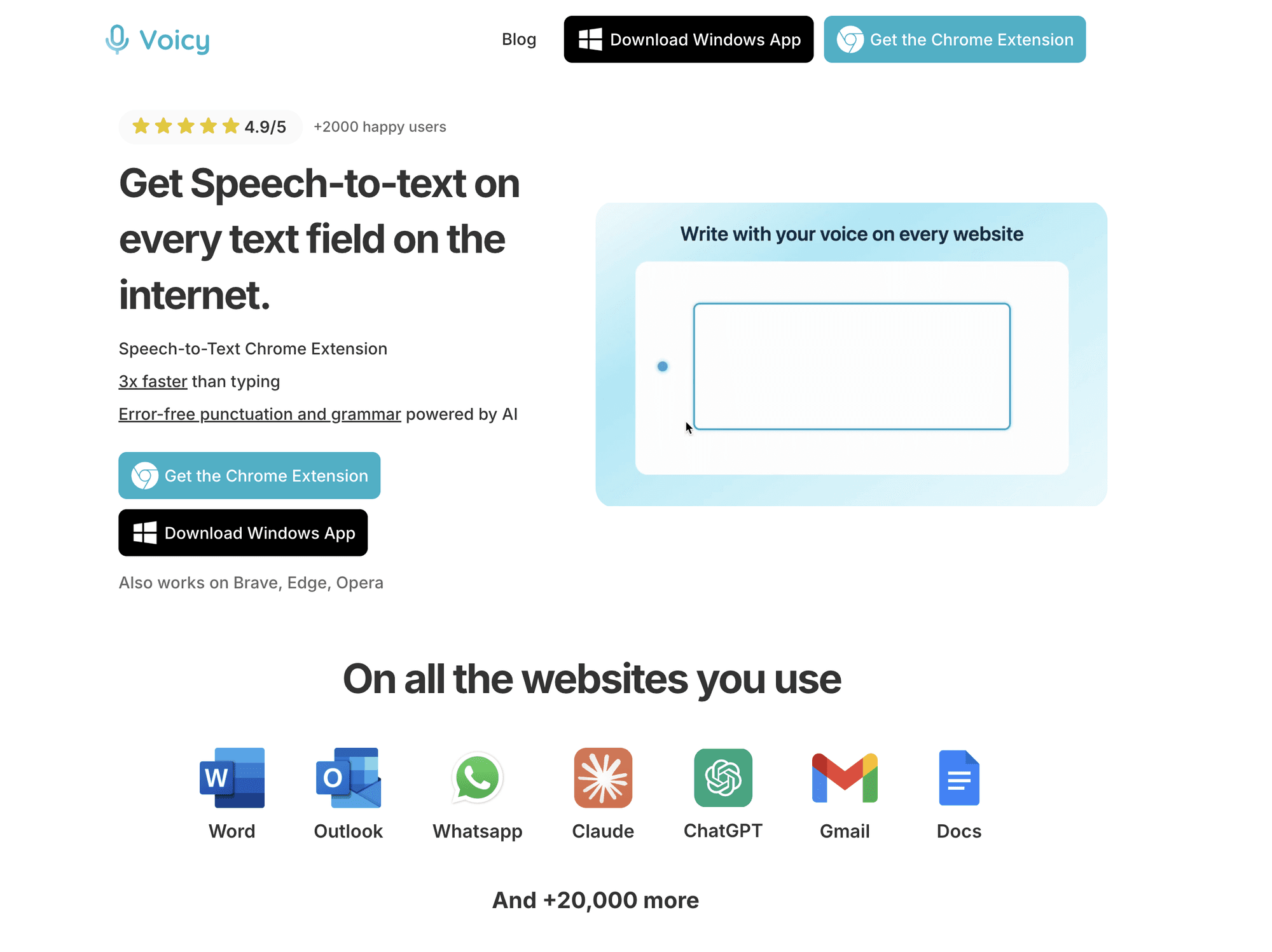 Voicy Speech to Text's Homepage screenshot displaying the extension and its integrations