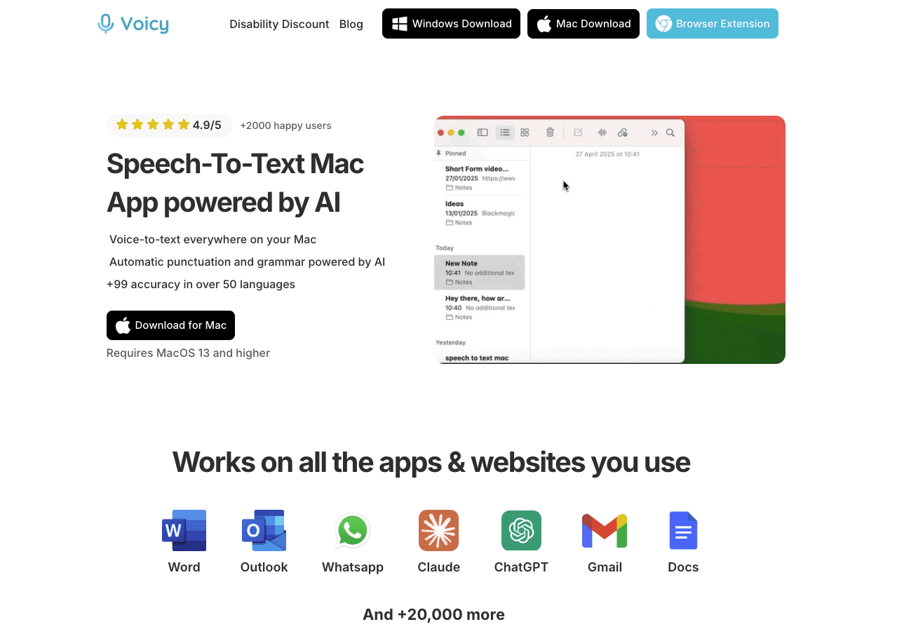 Voicy, Speechy Text, Mac App, Homepage. 