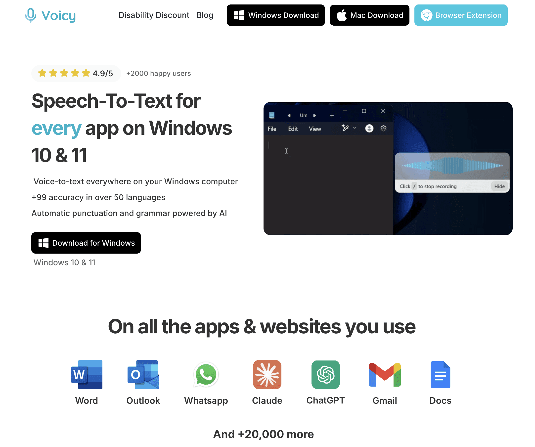 Screenshot of Voicy Speechy Texts Windows App homepage 