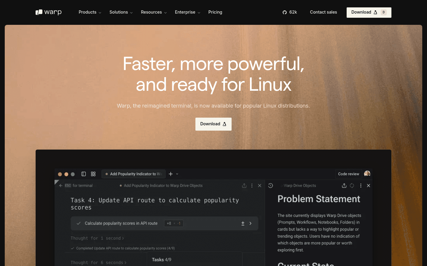 Warp terminal for Linux homepage screenshot