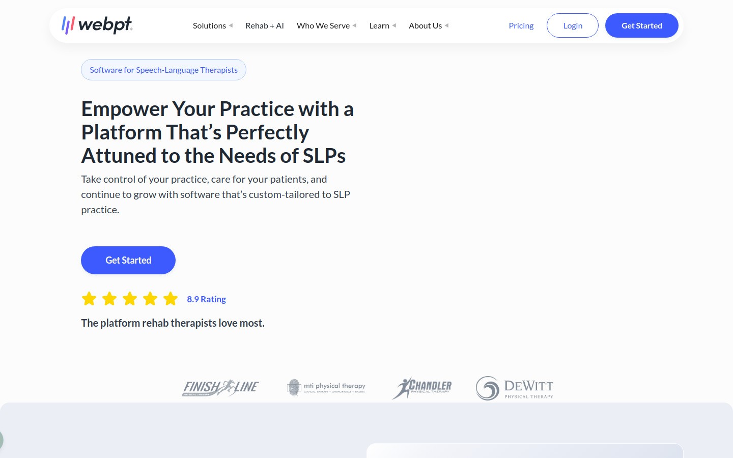 WebPT speech-language pathology software homepage screenshot