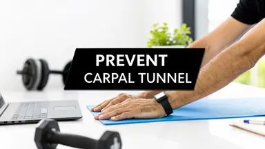 Cover image. White text on black background prevents carpal tunnel.  In the background, you can see the hands of a man stretching on a yoga mat with weights. 