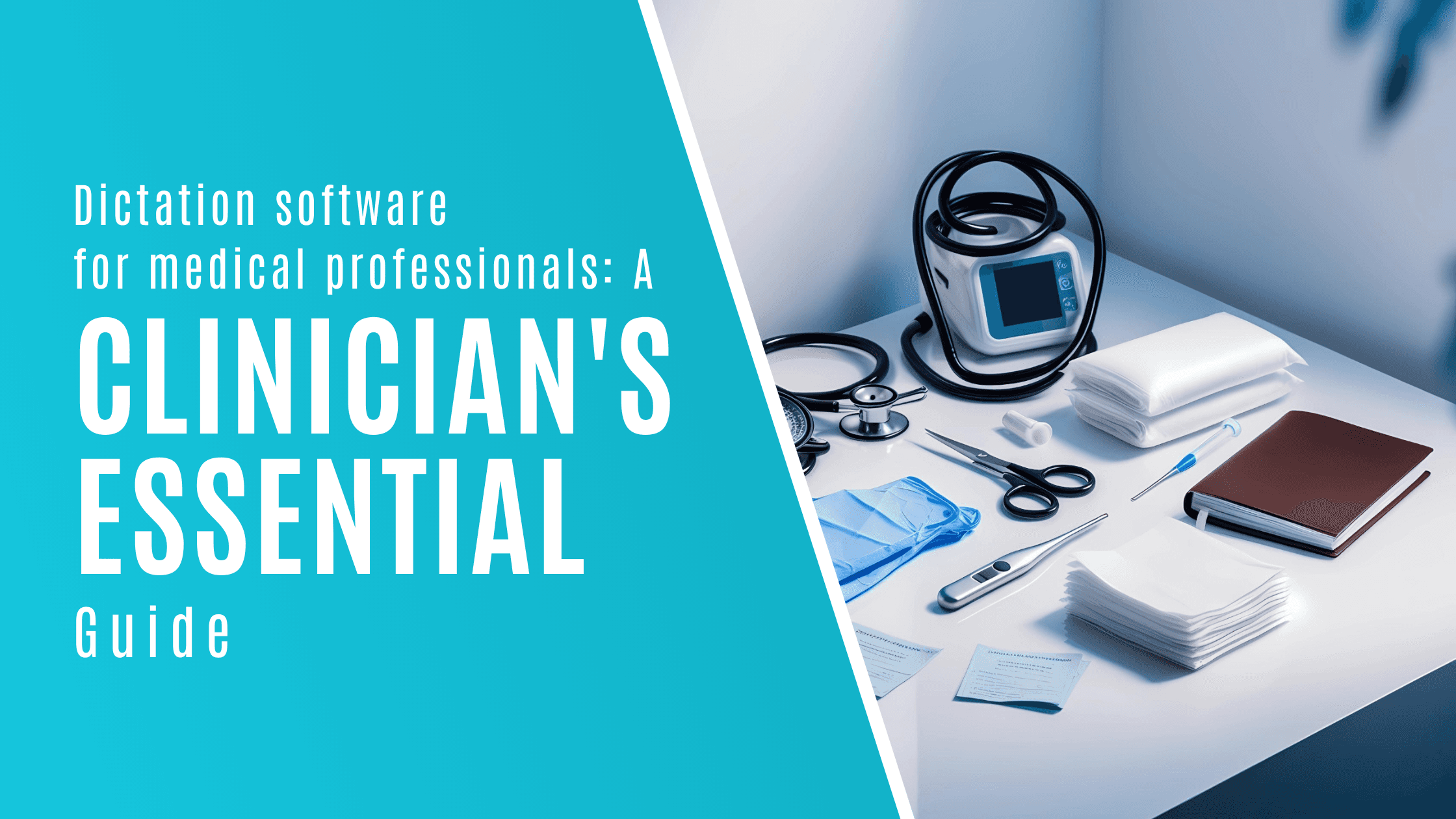 Cover image, white text on blue background that reads, "Dictation Software for Medical Professionals, Clinician's Essential Guide." 