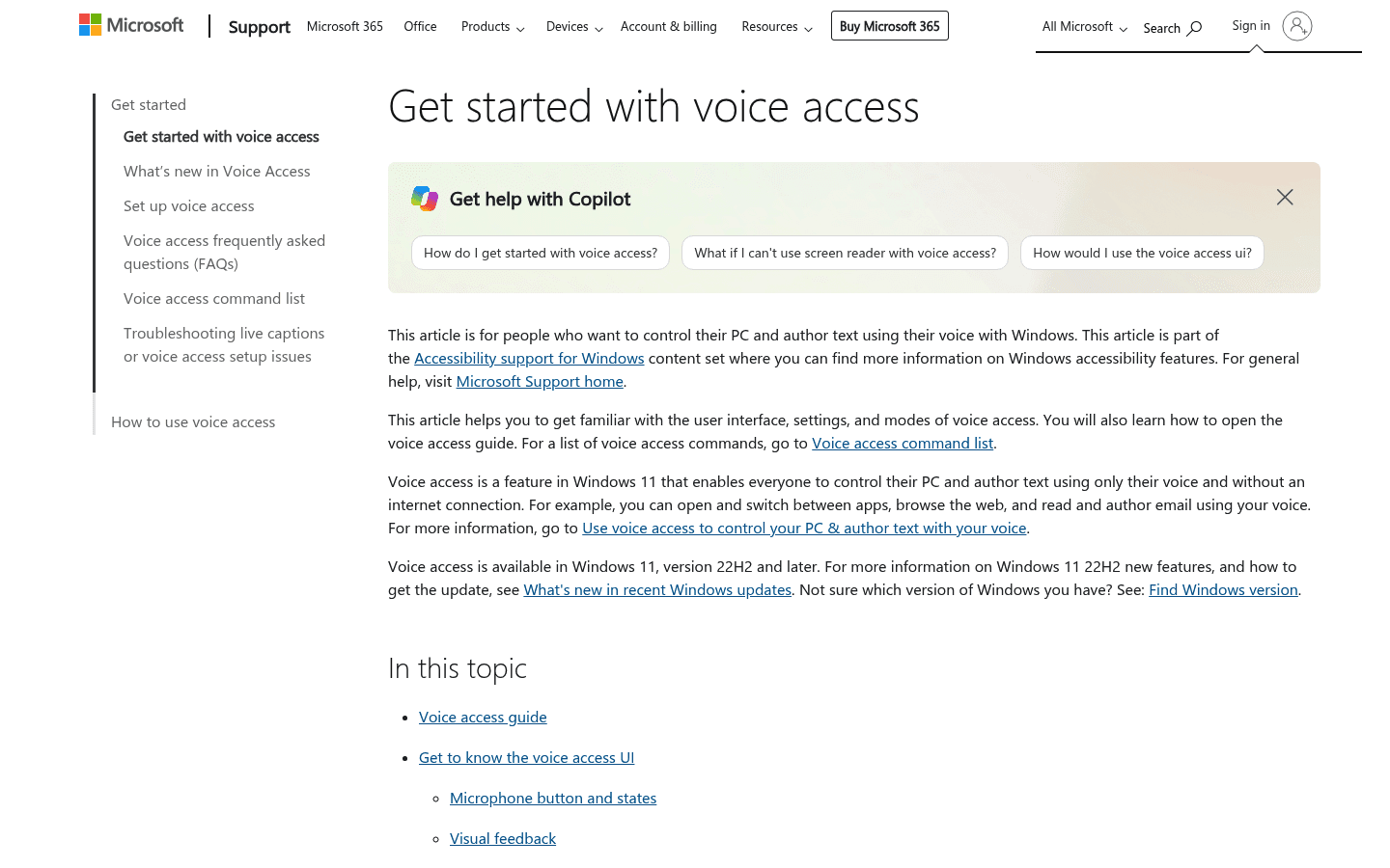 Windows Voice Access support page screenshot