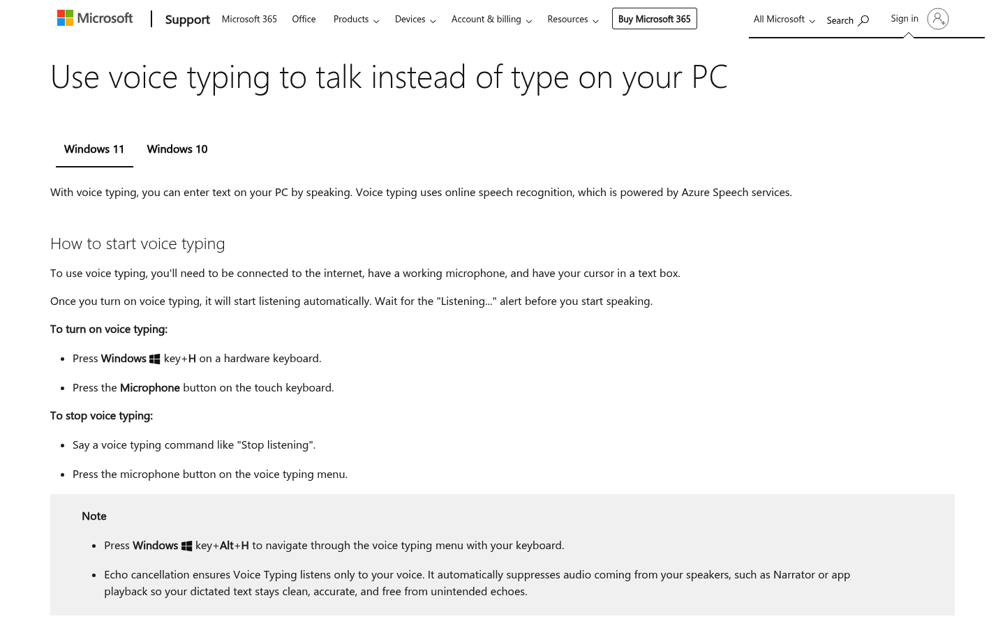 Windows Voice Typing support page screenshot
