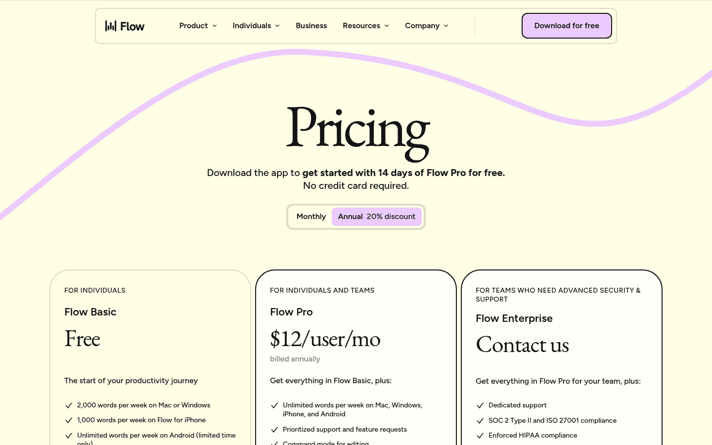 Wispr Flow pricing page showing Basic, Pro, and Enterprise plans