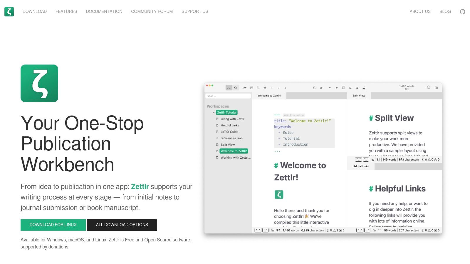 Screenshot of Zettlr note-taking app homepage. 