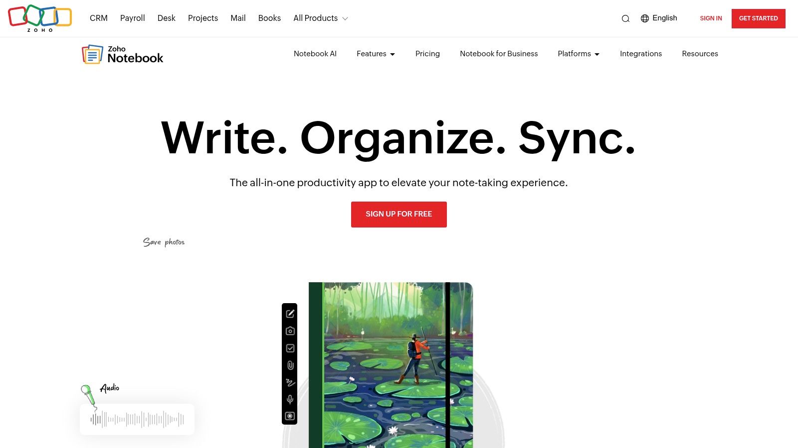 Screenshot of Zoho Notebook note-taking app homepage. 