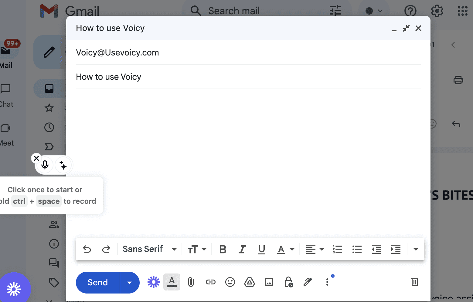 Voicy voice-to-text control next to a Gmail draft