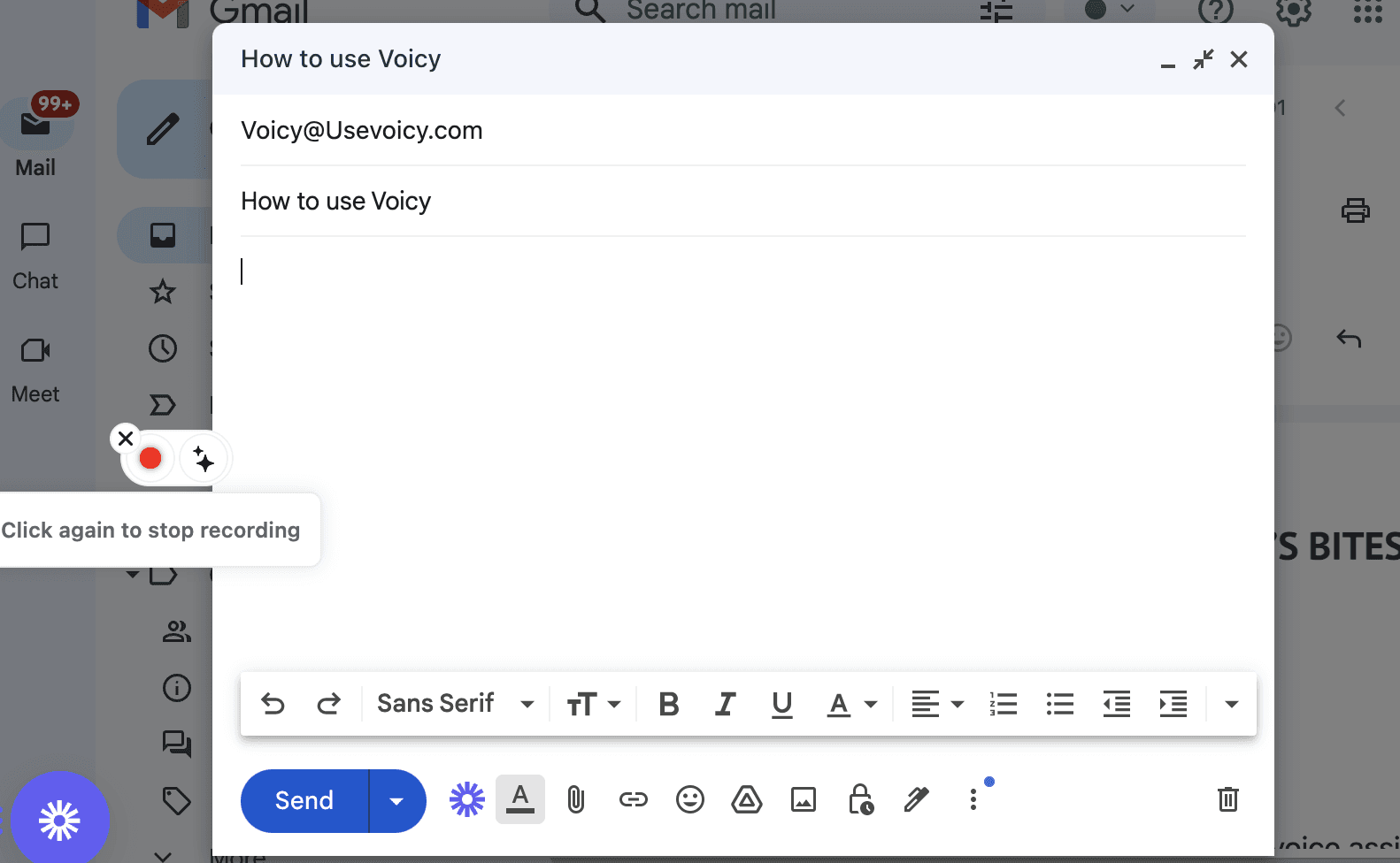 A Gmail email written by voice with Voicy