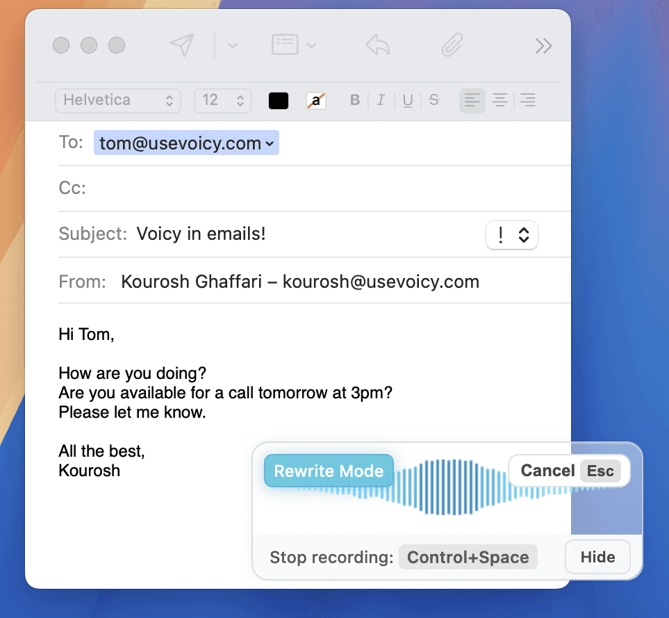 Image showing speech to text for email with Voicy in the apple mail email app.