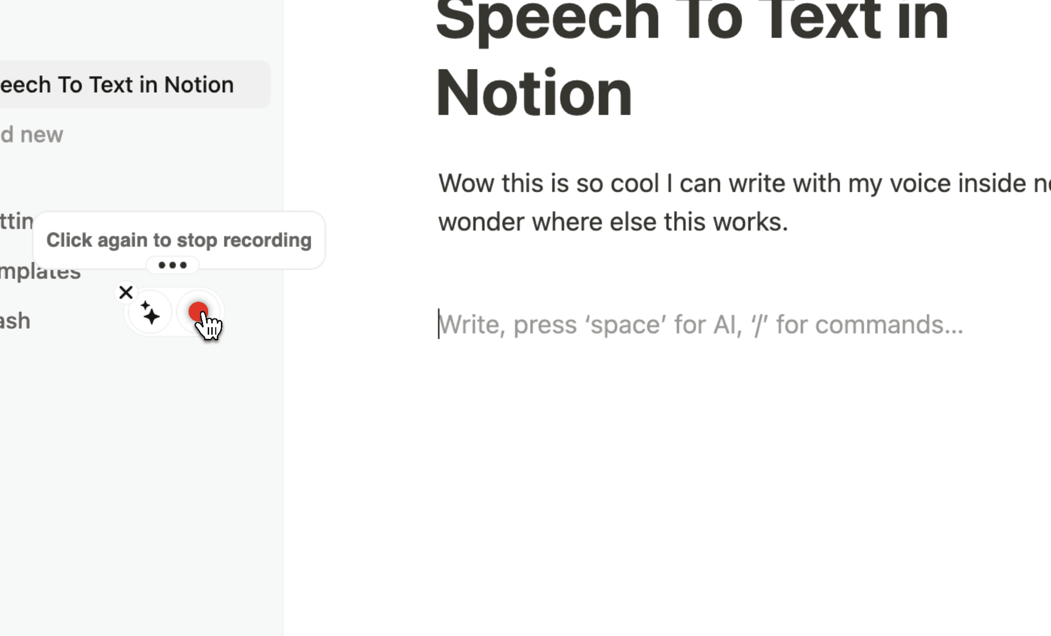 The Voicy speech-to-text control in Notion